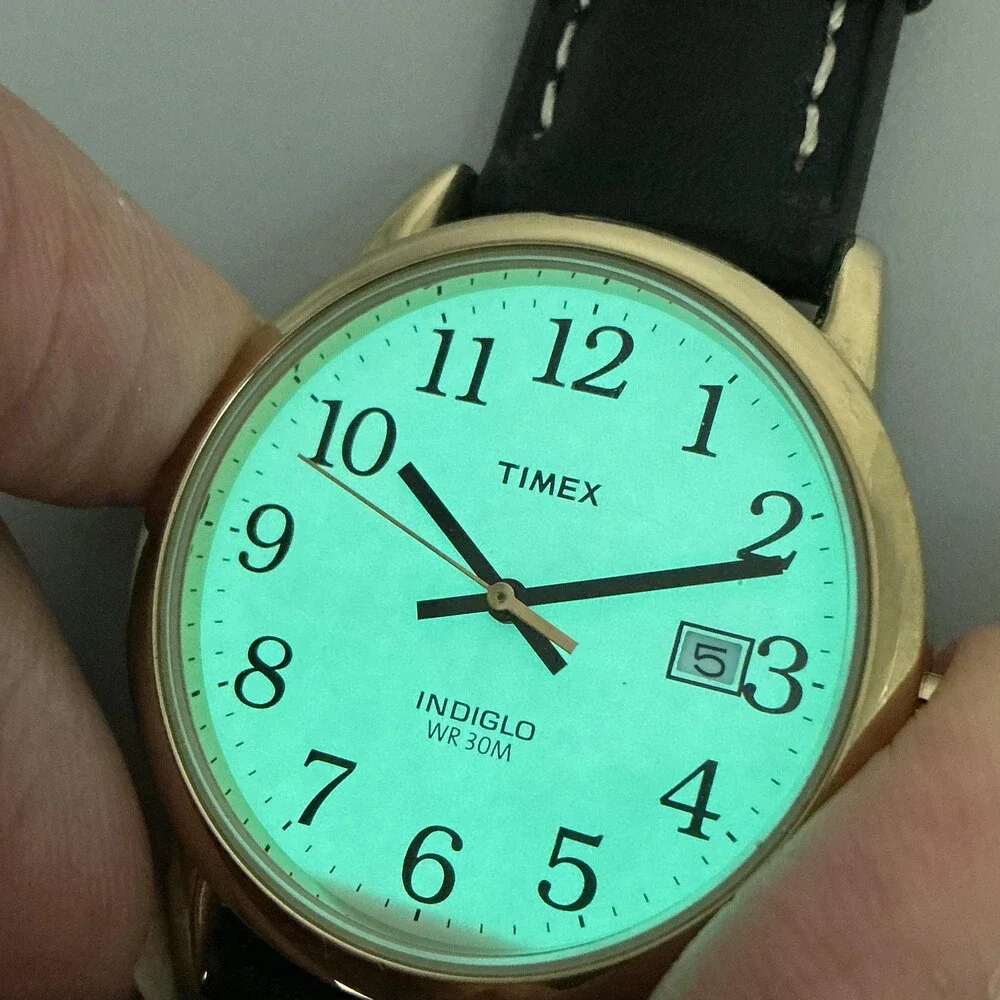 Timex Indiglo Mens Watch 35mm White Dial Gold Tone Leather Date New Battery